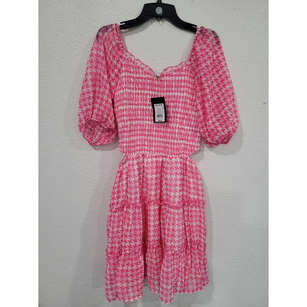 Art Class Girls XXL 16/18 Pink Houndstooth Smocked Cut-Out Puff Sleeve Dress #10